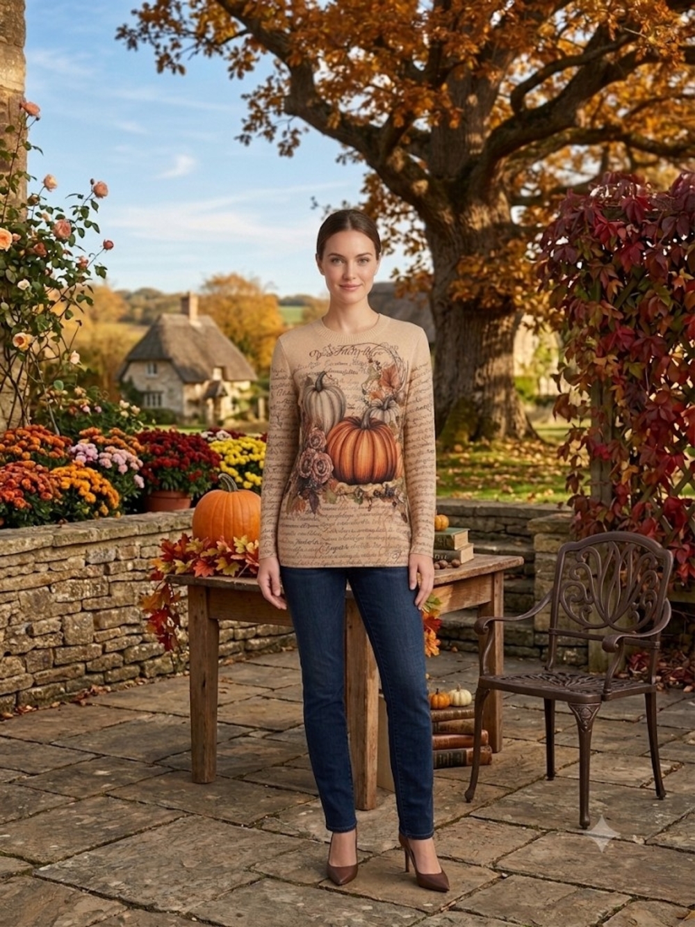 Autumn Pumpkin Print Long-Sleeve Top - Beige